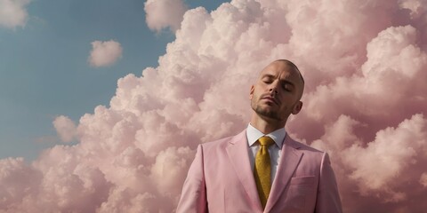 A man in a pink suit with his head in a yellow cloud.
