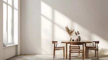 A minimalist dining room with a wooden table and chairs, a vase of dried pampas grass, and soft natural light streaming through a window.