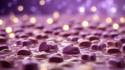 HeartShaped Pastel Chocolates Floating in a Romantic Violet Ambiance.