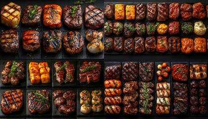 Fototapeta premium A variety of grilled meats and seafood on black slate plates.