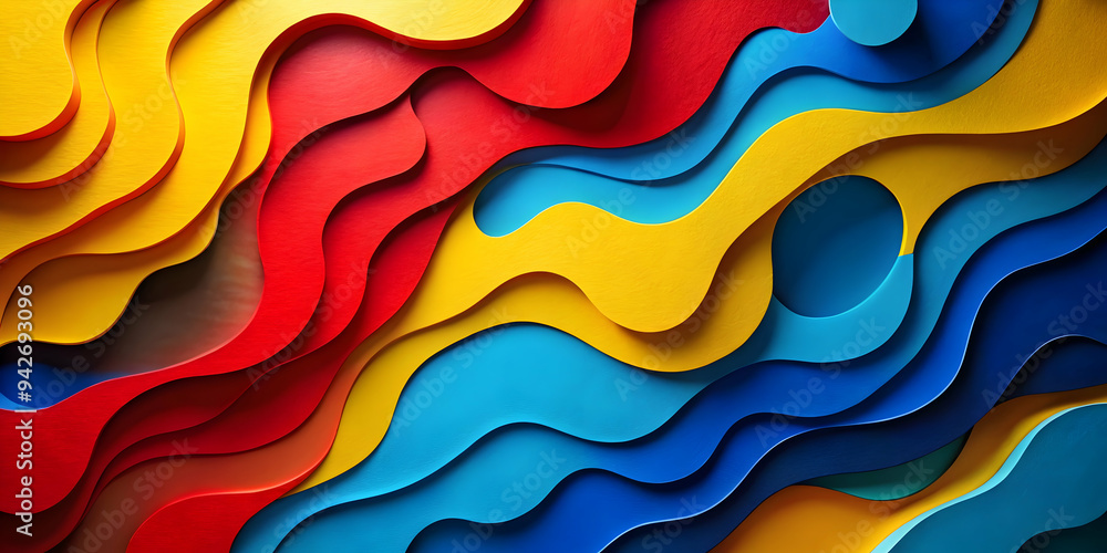 Poster vivid layers: a 3d render of undulating waves in bold primary colors, creating a vibrant and dynamic