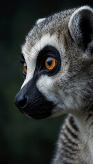 Naklejka premium Сlose-up lemur, looking straight ahead with concentration, against a dark, blurry background. Generative AI