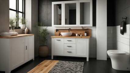 Modern bathroom with white cabinets, black floor, and a white sink