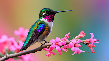 Fototapeta premium Colorful hummingbird on branch adorned with pink flowers on blurred colors background. Generative AI