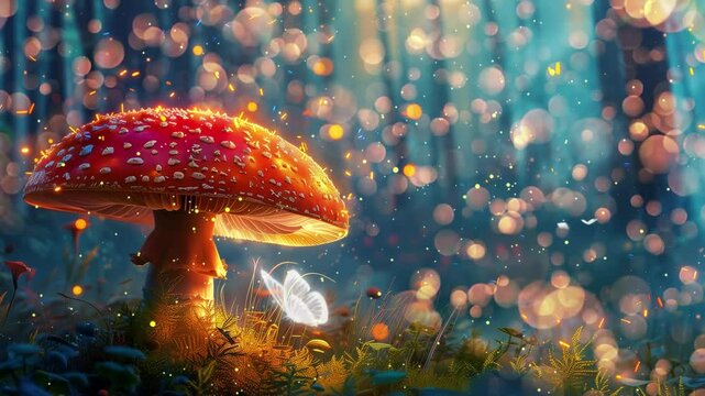 glowing mushroom with fireflies in a magical forest seamless looping overlay 4k virtual video animation background