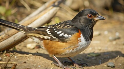 Fototapeta premium A Spotted Towhee Bird Perched on the Ground