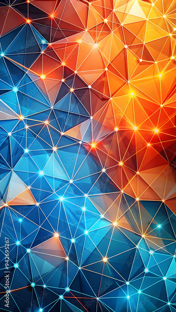 Poster abstract geometric pattern: blue and orange abstract geometric background with glowing points of lig