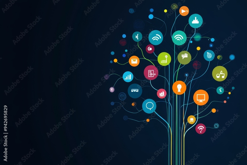 Aufkleber interactive abstract social media background featuring network lines and growth tree concept icons