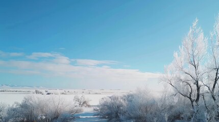 Serene winter scene with frosted trees and distant horizon, crisp and clear, ideal for art backdrop.
