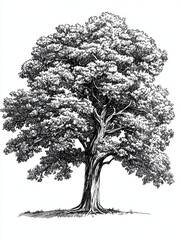 Fototapeta premium Black and white Vintage engraved art of a plane tree, isolated on white background, ink sketch illustration, simple vector art design, highly detailed line art, high contrasty 