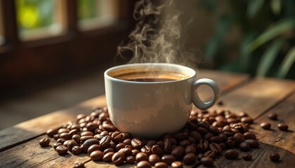 Steaming Hot Coffee in a Cup Surrounded by Coffee Beans - Rustic Morning