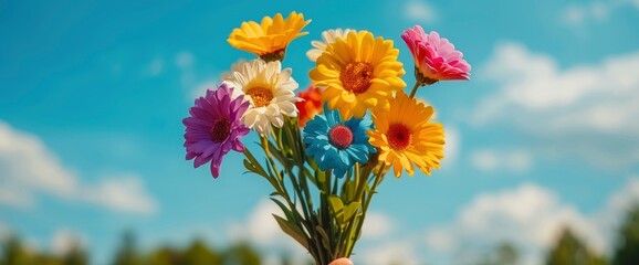 Colorful Bouquet of Flowers Against a Blue Sky