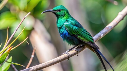 Fototapeta premium A Vibrant Green and Blue Bird Perched on a Branch