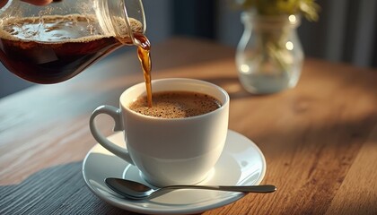 Pouring Freshly Brewed Coffee from a Carafe into a Cup - Morning Ritual