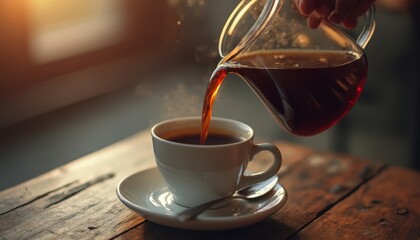 Pouring Freshly Brewed Coffee from a Carafe into a Cup - Morning Ritual