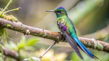 Fototapeta premium Vibrant Green and Blue Hummingbird Perched on a Branch