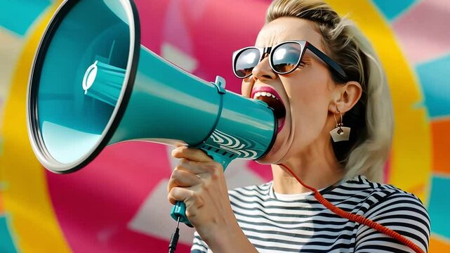 A woman in stripes shouting into a turquoise megaphone crazy promotions, abstract sunburst background
