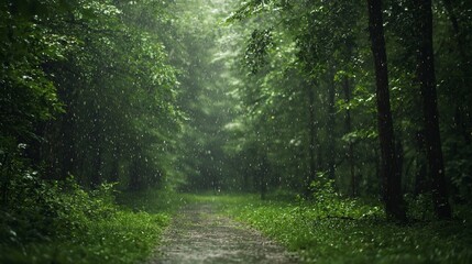 Obraz premium Peaceful Rainfall in Lush Green Forest, Nature's Tranquil Beauty
