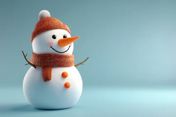 Fototapeta premium 3d cartoon Happy snowman wearing a scarf and hat isolated on blue background