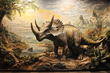 Fototapeta premium A Triceratops Dinosaur in a Lush Prehistoric Landscape