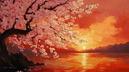 Cherry blossoms, sunset's hue