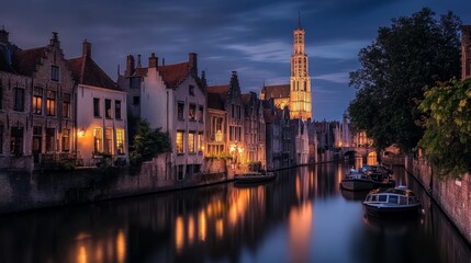 Naklejka premium Canal and Notre Dame spire lit up in Bruges.