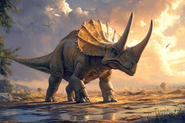 Fototapeta premium A Triceratops Dinosaur in a Golden Sunset Landscape