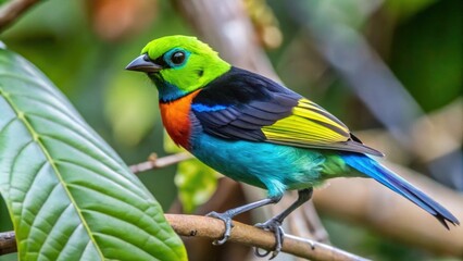 Obraz premium A Vibrant Green, Blue, and Yellow Bird Perched on a Branch