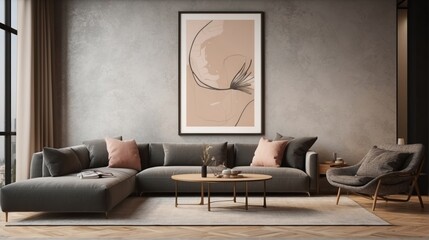 Modern Living Room with Sectional Sofa, Abstract Art, and Wooden Coffee Table