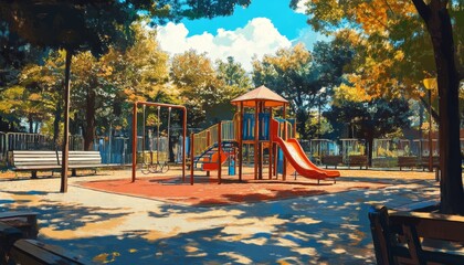 Anime style digital painting of a playground in a public park capturing joyful moments