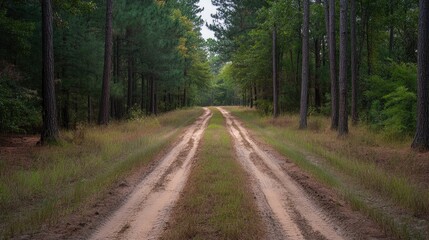 Naklejka premium Tire tracks, footprints, pine forest. Generative AI