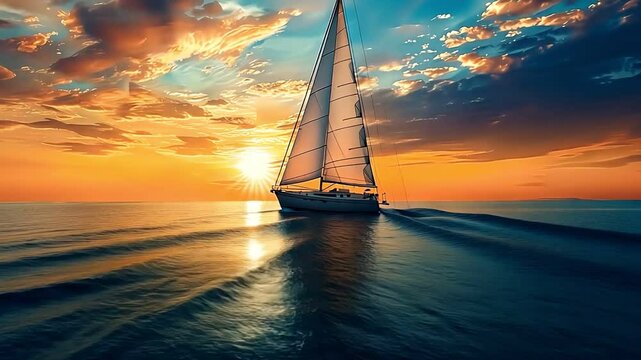 A sailboat glides through the ocean at sunset, with the sun setting behind