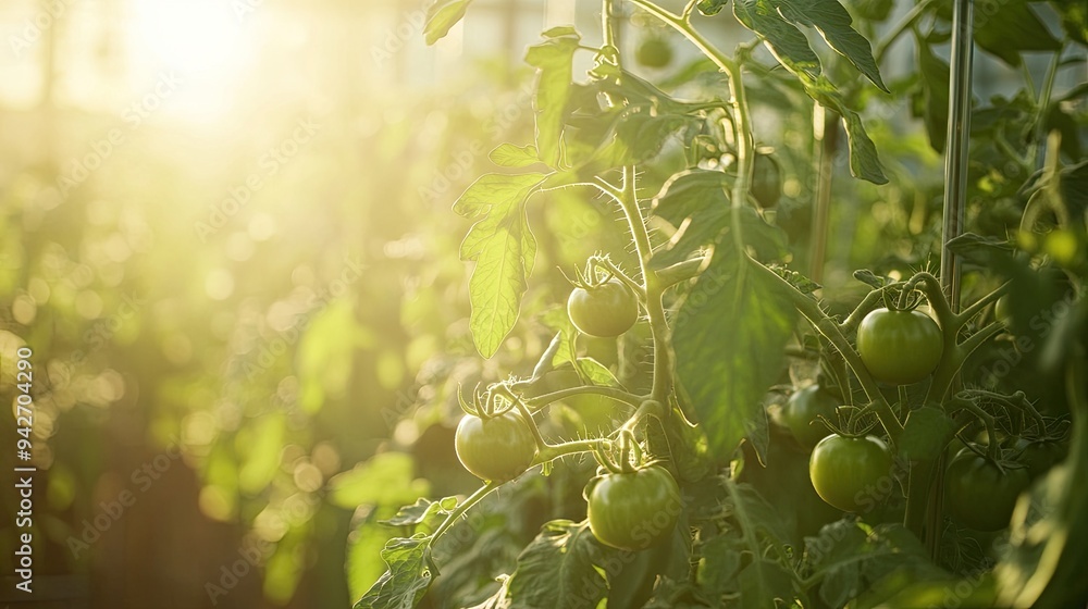 Poster tomato plants, greenhouse, sunlight. generative ai