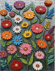 Mosaico de flores y plantas con macetas