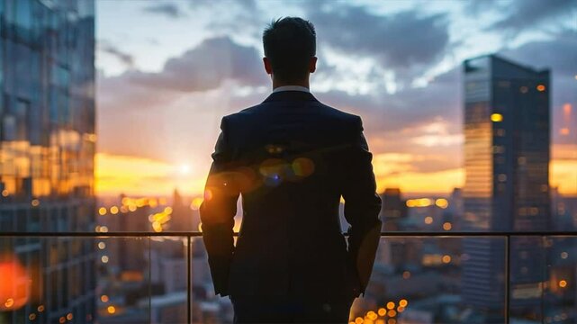 A man in a suit stands on a balcony overlooking a city at sunset. Concept of solitude and contemplation, as the man looks out over the city with a thoughtful expression. The warm colors of the sunset