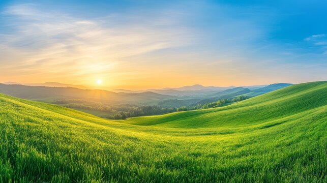 Stunning summer landscape  vibrant hilly meadows at sunrise or sunset beneath a blue sky