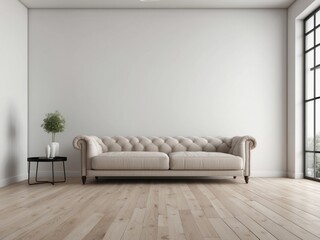 Fototapeta premium White Wall Living Room with Beige Sofa and Wooden Floor