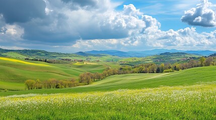 Obraz premium Spring landscape in tuscany, italy rolling hills and lush green meadows captured in photography