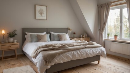 Cozy Bedroom with King-Sized Bed, Natural Light, and Wooden Floors