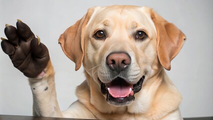 A Golden Retriever Dog Raising Its Paw with a Smiling Expression