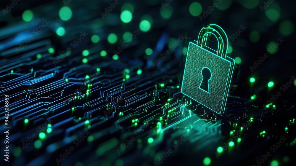 Poster a digital lock symbolizing cybersecurity protection over circuit board data, emphasizing safety and 