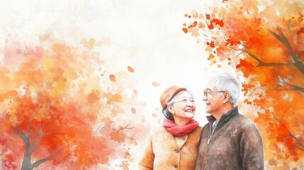 Watercolor illustration, World Alzheimer's Day, International Day of Older Persons, sweet asian elderly couple, grandparents, light autumn background, copy space free space for text