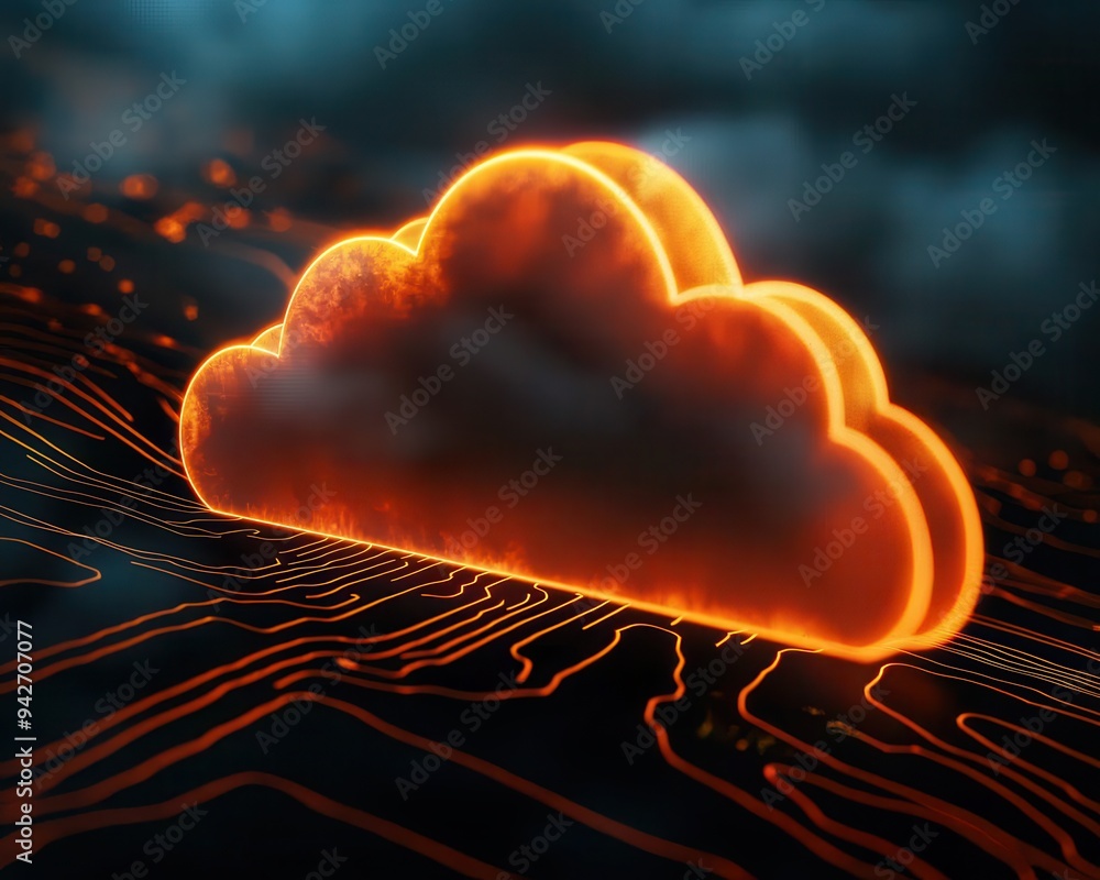 Aufkleber a glowing cloud symbol representing technology and data storage, set against a dark, abstract backgr