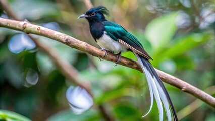 Fototapeta premium A Paradise Flycatcher Perched on a Branch with Lush Greenery in the Background