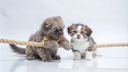 Obraz premium Kitten and puppy playing tug of war with a rope