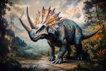 A Colorful Triceratops Dinosaur in a Lush Landscape