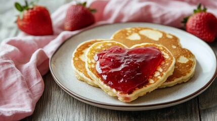 Pancakes on wooden background with pink linen cloth.