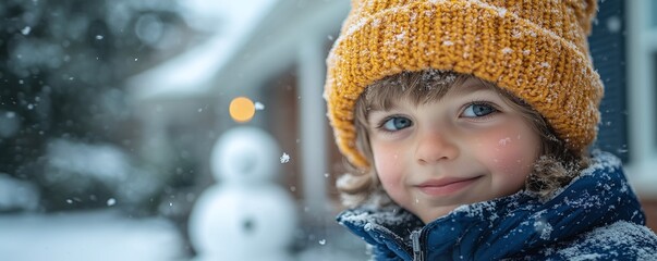 Smiling little boy in a beanie hat playing in snow. Winter fun in the Christmas holidays