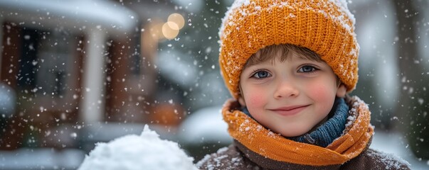 Smiling little boy in a beanie hat playing in snow. Winter fun in the Christmas holidays
