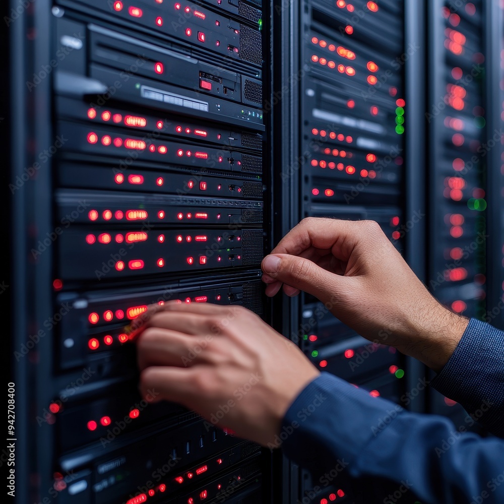 Aufkleber a technician working on a server rack, managing data storage and server maintenance in a high-tech e